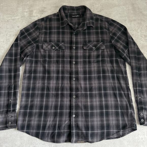 Sworn to us Los Angeles black and grey flannel button up mens Medium - Picture 2 of 9